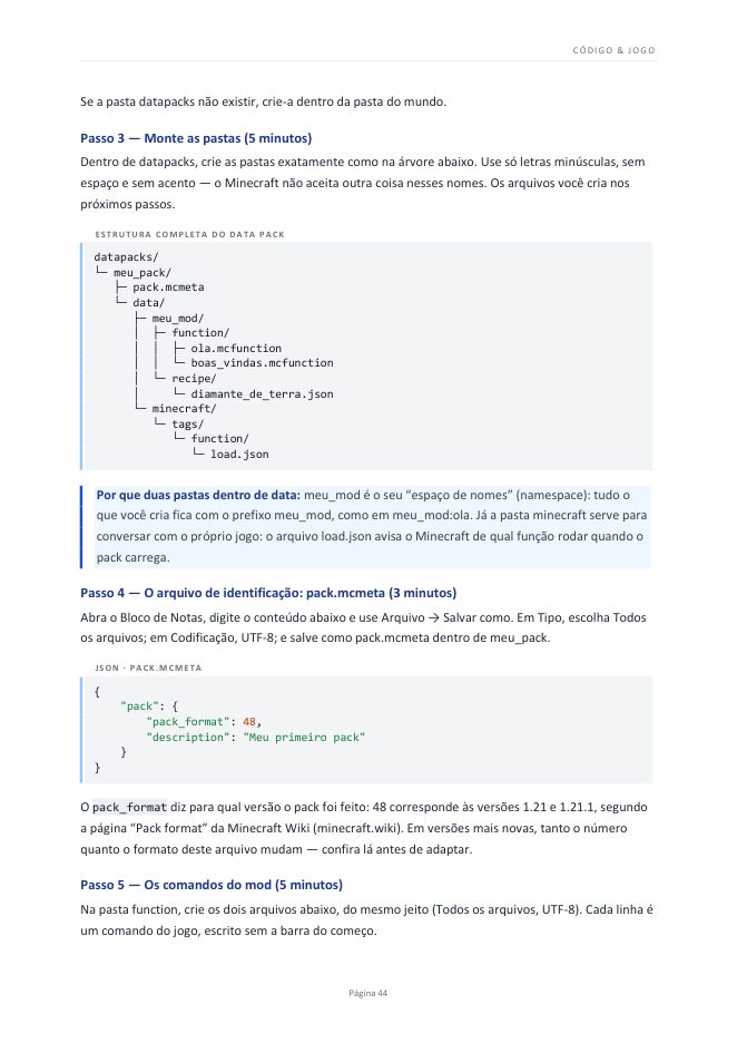 Página do e-book com a estrutura do data pack de Minecraft